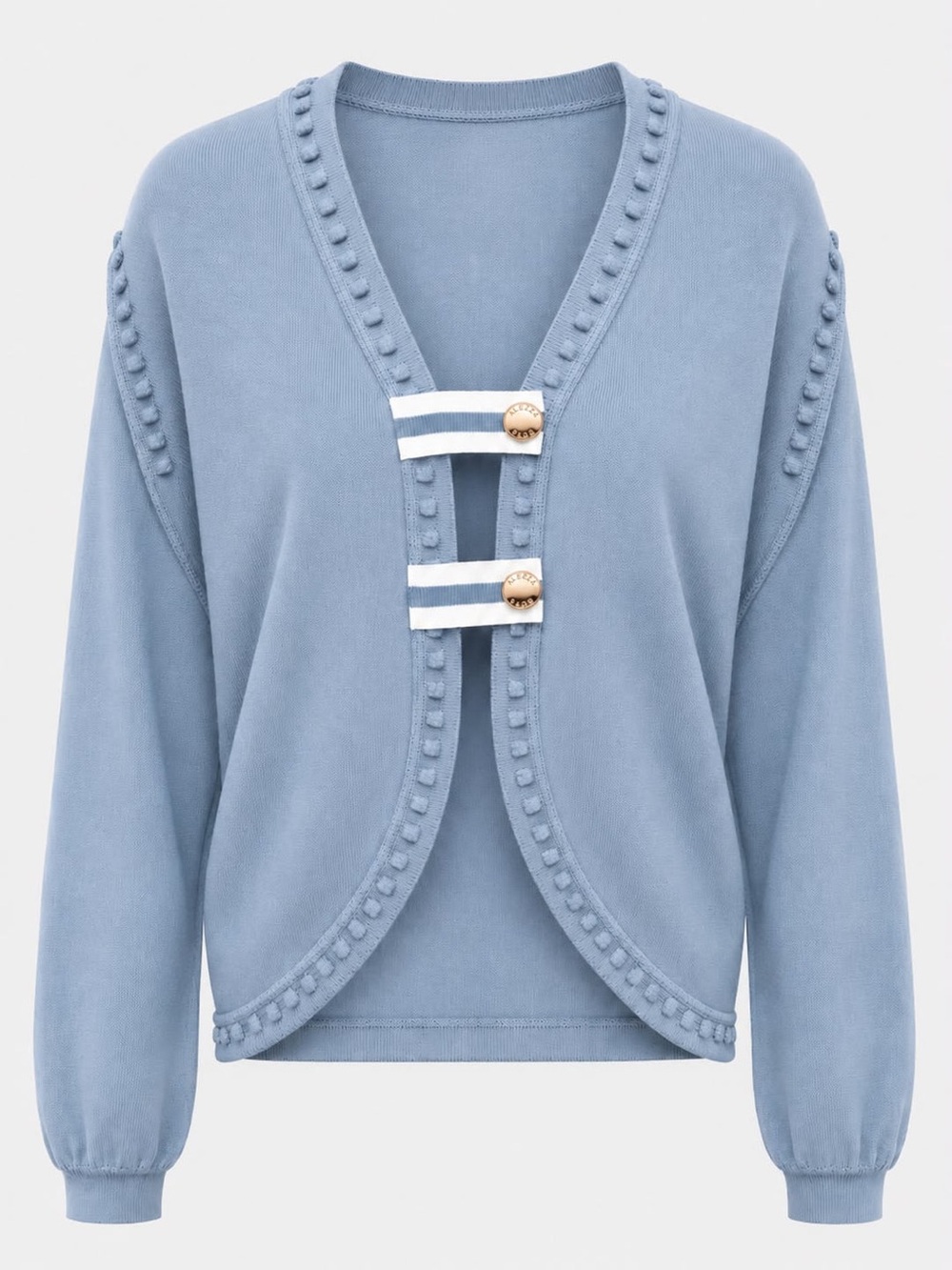 Aleeza Paris light blue Bobble Trim Cardigan  white strap closures, Medium
